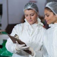 Female butchers discussing over clipboard at meat factory