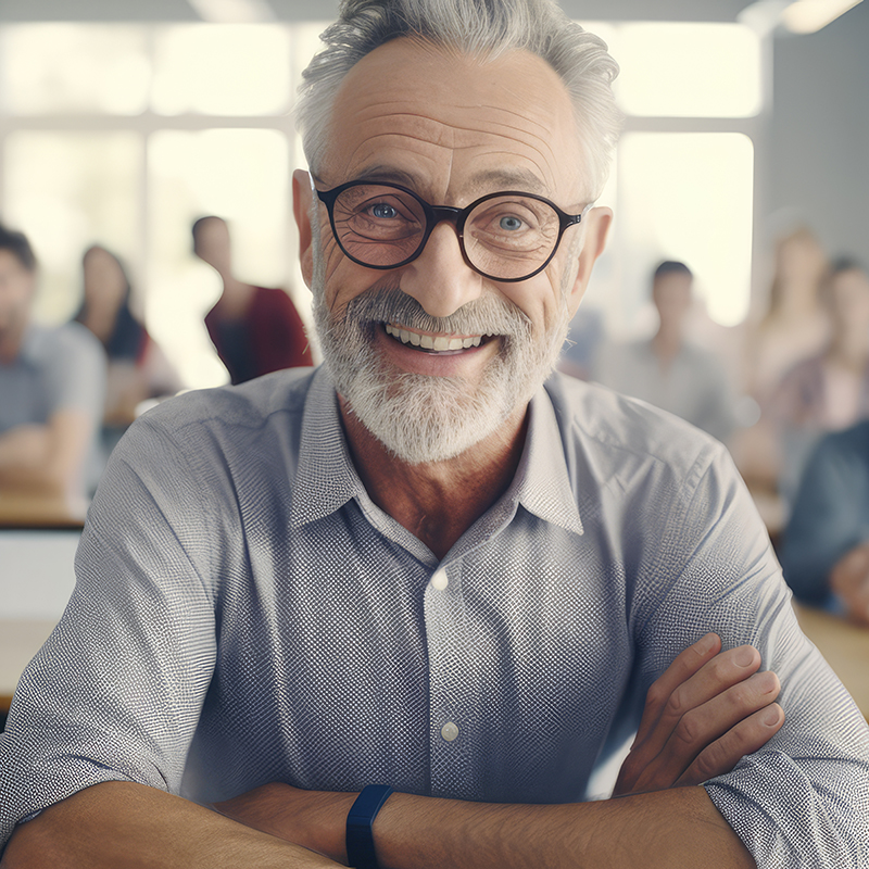 mature senior student sitting and learning in business classroom