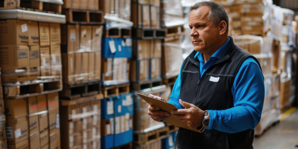 Warehouse Worker Checking Inventory in a Busy Distribution Center