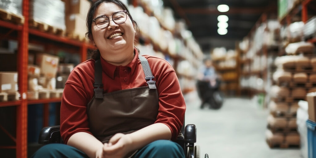 Joyful person in a wheelchair working in a warehouse, surrounded by shelves filled with boxes and supplies.