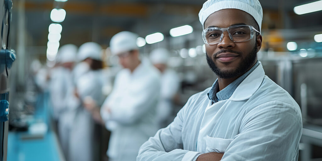 Confident worker in a food production facility, showcasing professionalism and teamwork in a modern industrial environment.