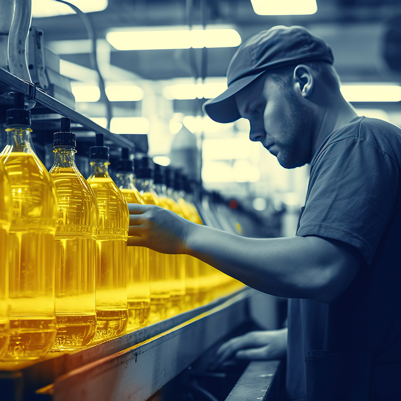 Factory worker checking bottles on conveyor belt on beverage production line, inspects bottling line at manufacturing plant, quality control food concept Generative AI