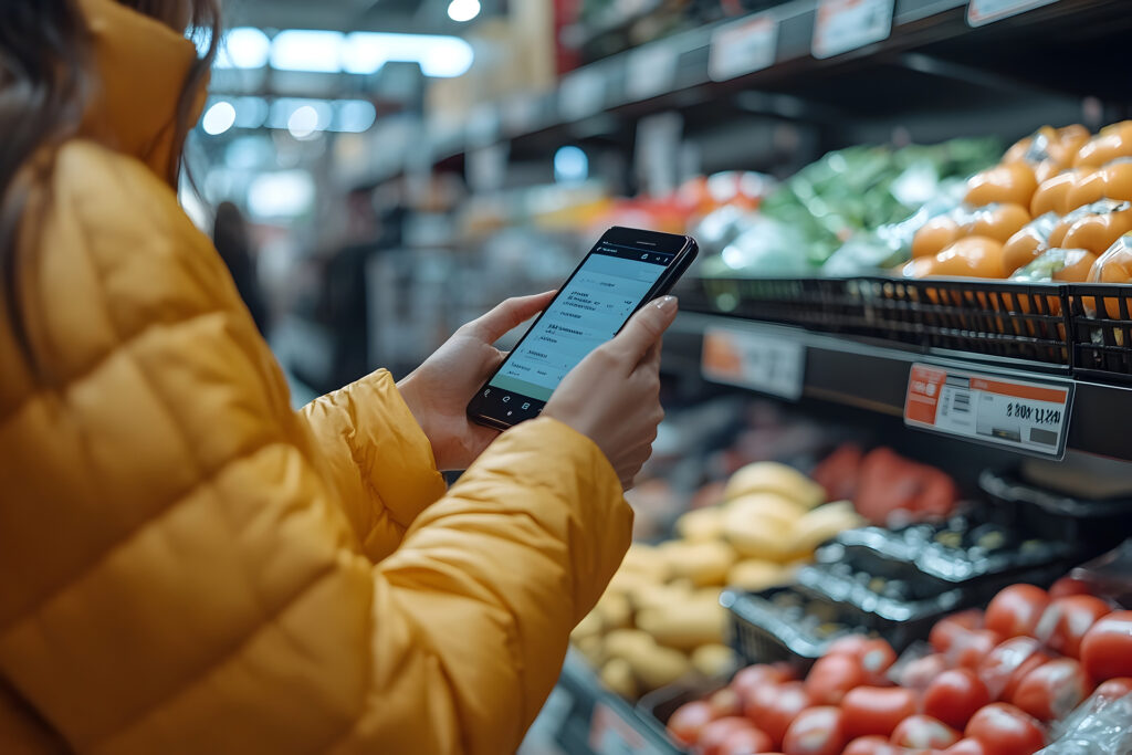 Woman Using Smartphone App to Scan and Pay for Groceries in Mode