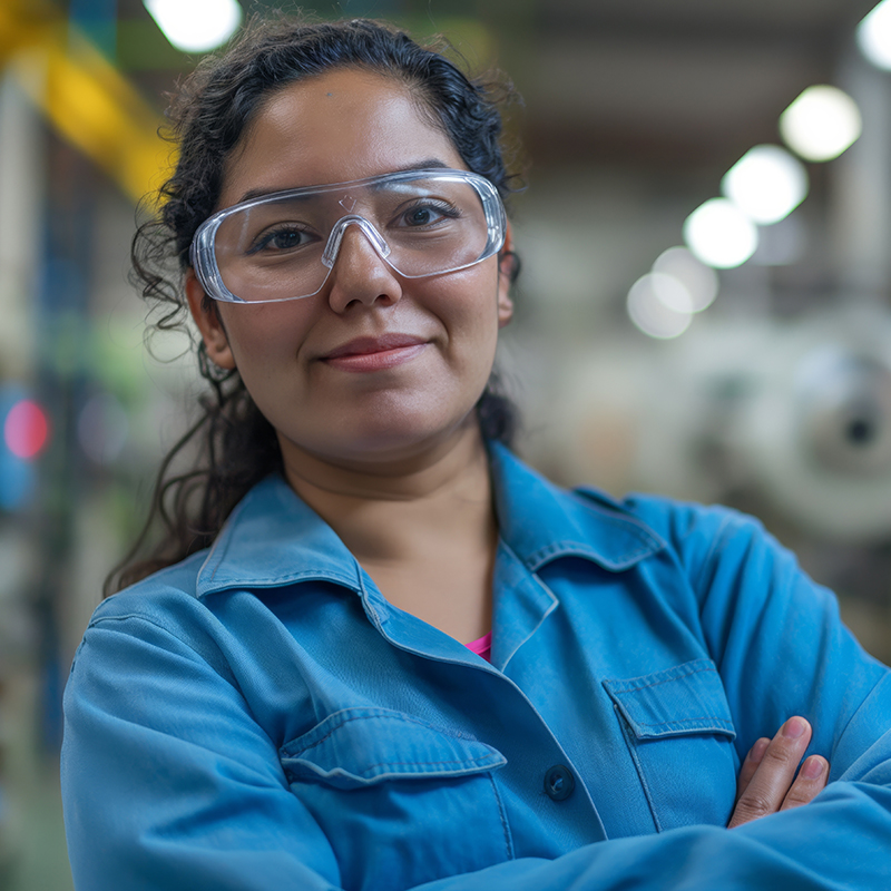 smiling hispanic female factory worker posing looking at the cam